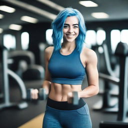 A wide shot of a blue-haired girl in a gym, looking fit and confident