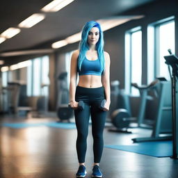 A wide shot of a blue-haired girl in a gym, looking fit and confident