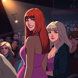 Two women are in a crowded theater