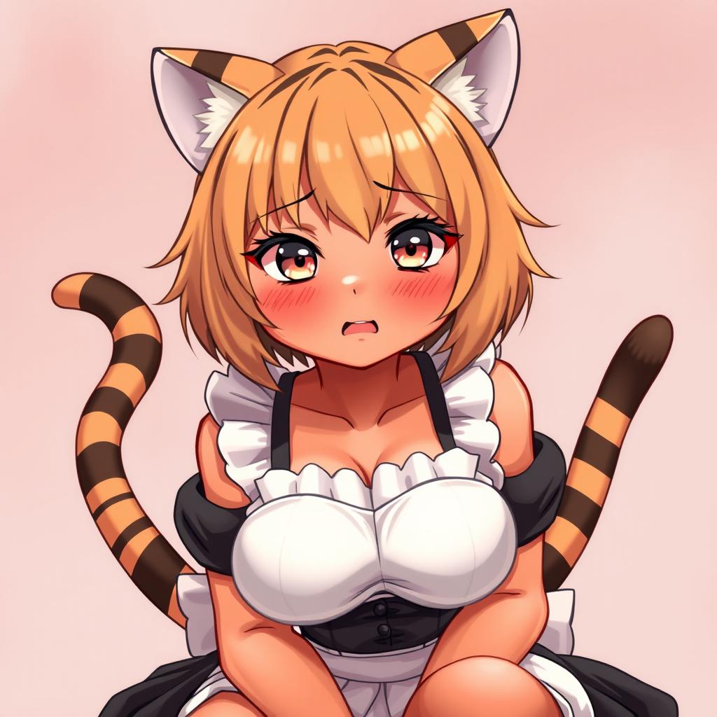 A sexy, cute, and flustered girl with tiger ears and a tail, featuring tan skin and a voluptuous figure with large breasts