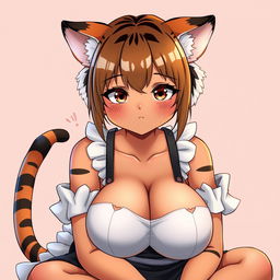 A sexy, cute, and flustered girl with tiger ears and a tail, featuring tan skin and a voluptuous figure with large breasts