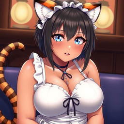 A sexy, cute, and flustered girl with tiger ears and a tail, featuring tan skin and a voluptuous figure with large breasts