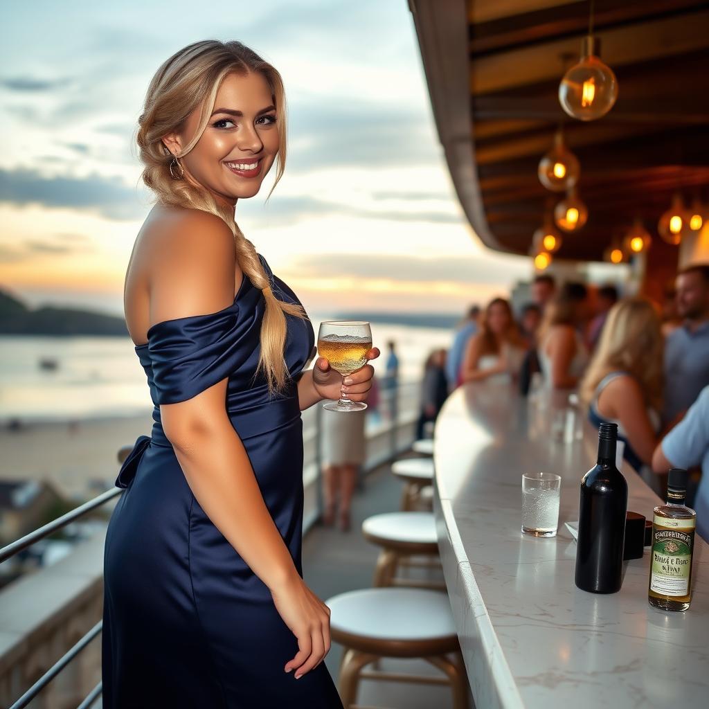 A curvy blond woman with hair in a sexy plait is standing at a bar overlooking the beach at Lyme Regis