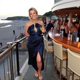 A curvy blond woman with hair in a sexy plait is standing at a bar overlooking the beach at Lyme Regis