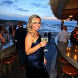 A curvy blond woman with hair in a sexy plait is standing at a bar overlooking the beach at Lyme Regis