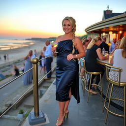 A curvy blond woman with hair in a sexy plait is standing at a bar overlooking the beach at Lyme Regis