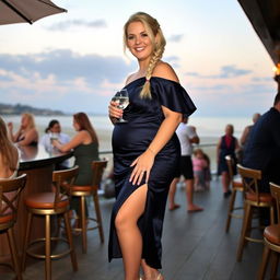 A curvy and fat blond woman with hair in a sexy plait is standing at a bar overlooking the beach at Lyme Regis