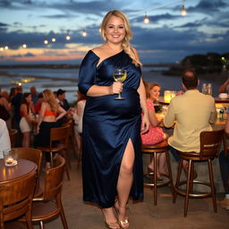 A curvy and fat blond woman with hair in a sexy plait is standing at a bar overlooking the beach at Lyme Regis