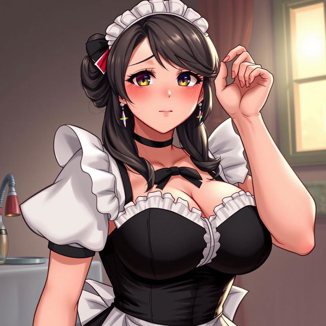 A sexy, cute, and flustered maid girl with a voluptuous figure and large breasts