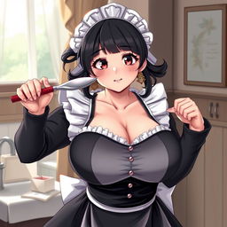 A sexy, cute, and flustered maid girl with a voluptuous figure and large breasts