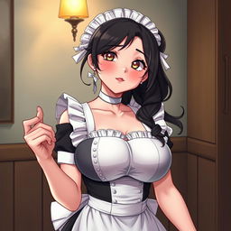 A sexy, cute, and flustered maid girl with a voluptuous figure and large breasts