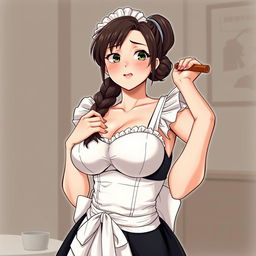 A sexy, cute, and flustered maid girl with a voluptuous figure and large breasts