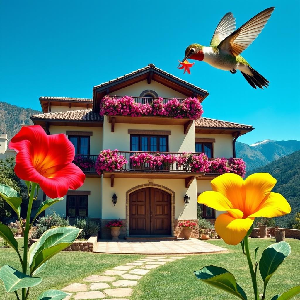 Create an image of a luxurious two-story hacienda house with flowered balconies and a tiled entrance in Junín, Peru, during the 1960s