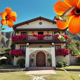 Create an image of a luxurious two-story hacienda house with flowered balconies and a tiled entrance in Junín, Peru, during the 1960s