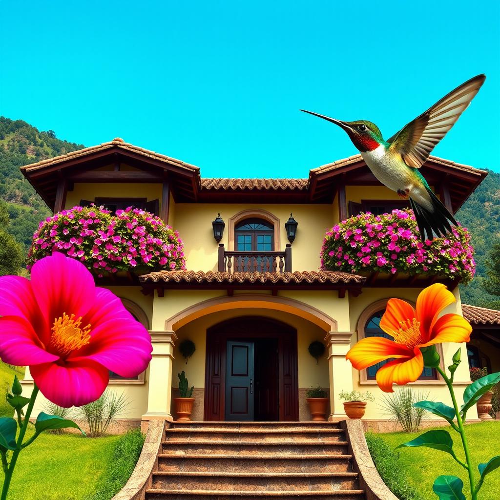 Create an image of a luxurious two-story hacienda house with flowered balconies and a tiled entrance in Junín, Peru, during the 1960s