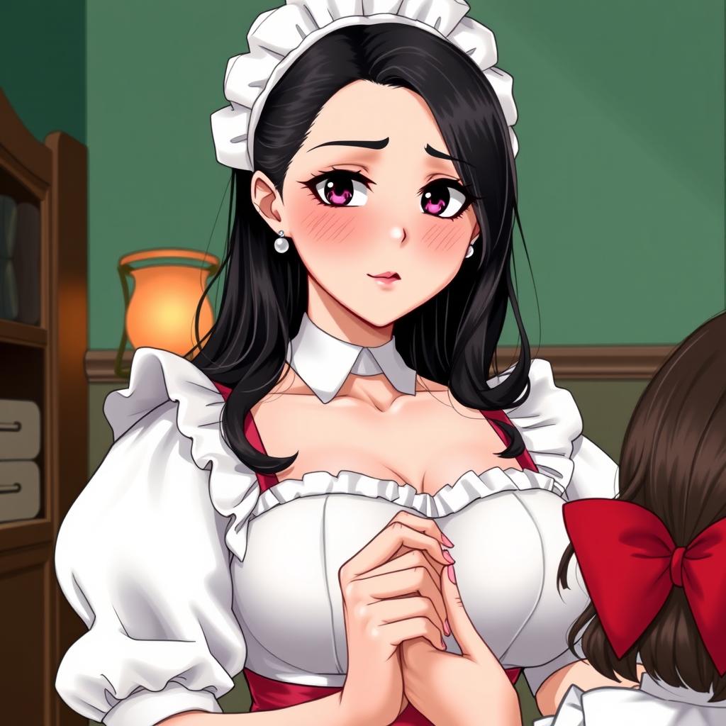 A sexy, cute, and flustered maid girl with a voluptuous figure and large breasts