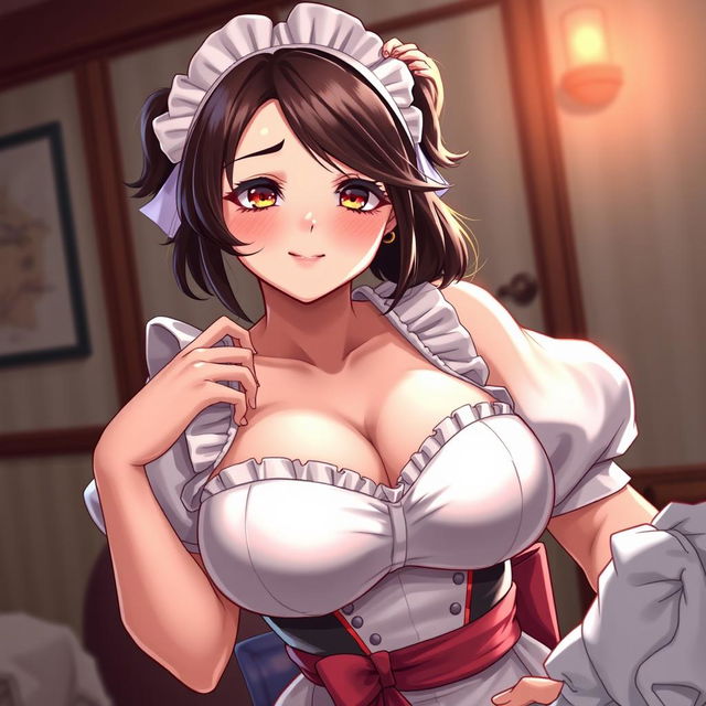 A sexy, cute, and flustered maid girl with a voluptuous figure and large breasts