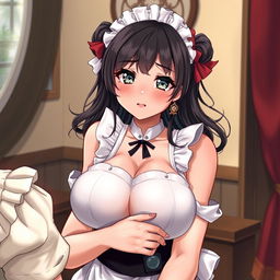 A sexy, cute, and flustered maid girl with a voluptuous figure and large breasts