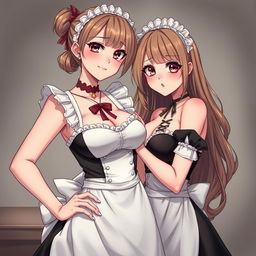 A sexy, cute, and flustered maid girl with a voluptuous figure and large breasts