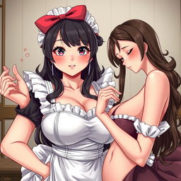 A sexy, cute, and flustered maid girl with a voluptuous figure and large breasts