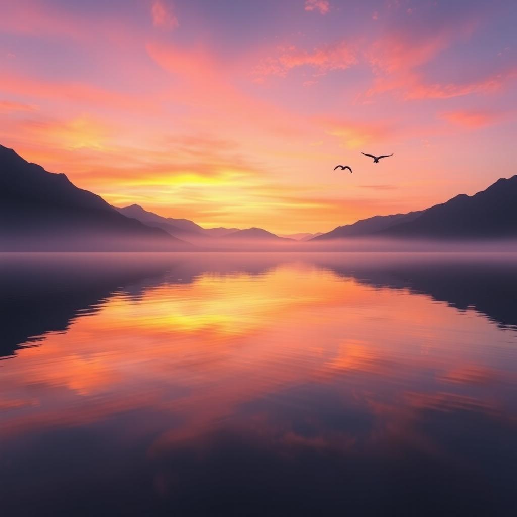 Create an image of a beautiful sunrise over a serene lake with mountains in the background