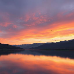 Create an image of a beautiful sunrise over a serene lake with mountains in the background