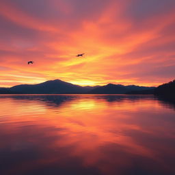 Create an image of a beautiful sunrise over a serene lake with mountains in the background