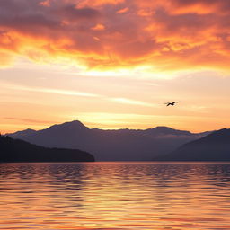 Create an image of a beautiful sunrise over a serene lake with mountains in the background