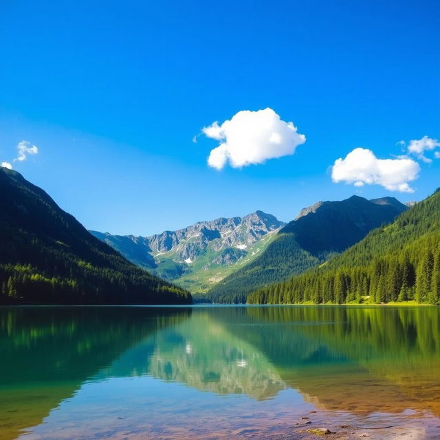 A beautiful scenery of a serene lake surrounded by lush green forests and mountains in the background, with a clear blue sky and a few fluffy white clouds