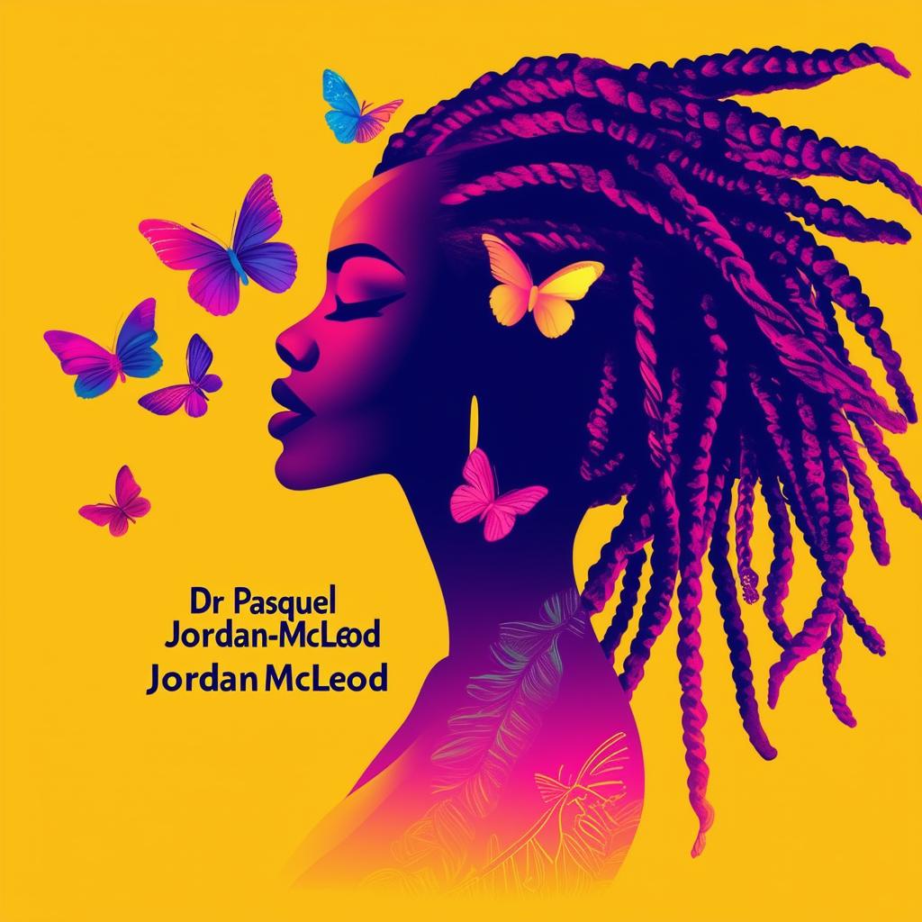 A vibrant logo for a book featuring a silhouette of a woman with dreadlocks and butterflies, with the name Dr