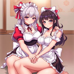 A sexy, cute, and flustered maid girl with a voluptuous figure and large breasts