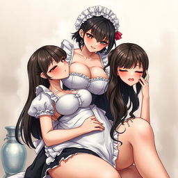 A sexy, cute, and flustered maid girl with a voluptuous figure and large breasts