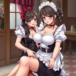 A sexy, cute, and flustered maid girl with a voluptuous figure and large breasts