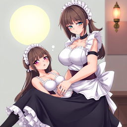 A sexy, cute, and flustered maid girl with a voluptuous figure and large breasts