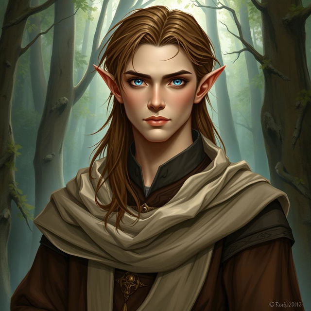 A detailed image of a male high elf with brown hair and blue eyes, dressed in priestly robes