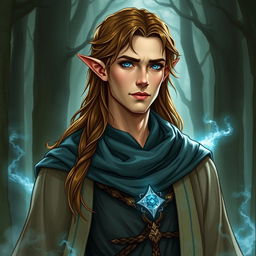 A detailed image of a male high elf with brown hair and blue eyes, dressed in priestly robes