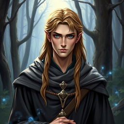 A detailed image of a male high elf with brown hair and blue eyes, dressed in priestly robes