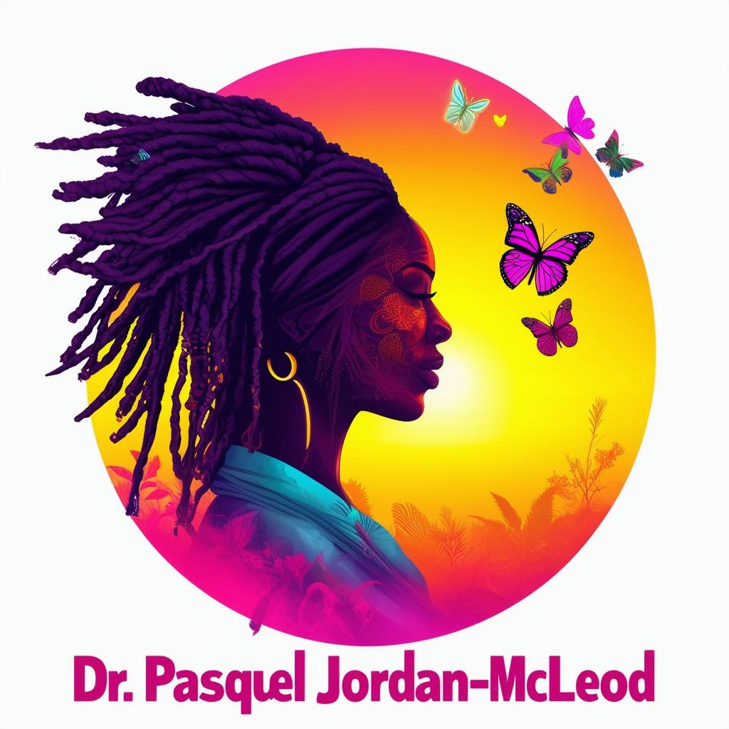 A vibrant logo for a book featuring a silhouette of a woman with dreadlocks and butterflies, with the name Dr