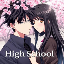 Create an anime highschool romance book cover featuring a boy with messy hair and a solemn look, and a girl with long black hair and orange eyes