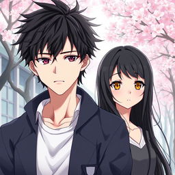 Create an anime highschool romance book cover featuring a boy with messy hair and a solemn look, and a girl with long black hair and orange eyes