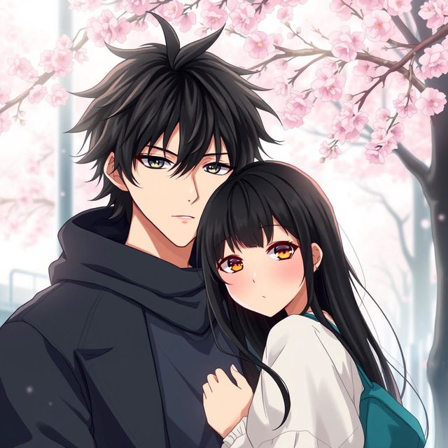 Create an anime highschool romance book cover featuring a boy with messy hair and a solemn look, and a girl with long black hair and orange eyes