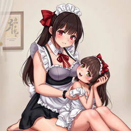 A sexy, cute, and flustered maid girl with a voluptuous figure and large breasts