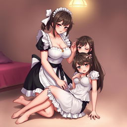 A sexy, cute, and flustered maid girl with a voluptuous figure and large breasts