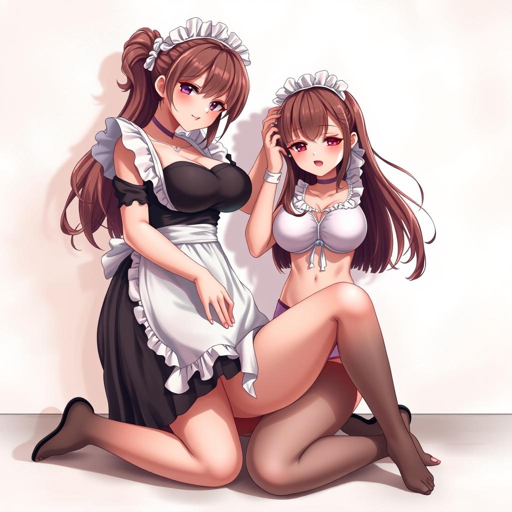 A sexy, cute, and flustered maid girl with a voluptuous figure and large breasts