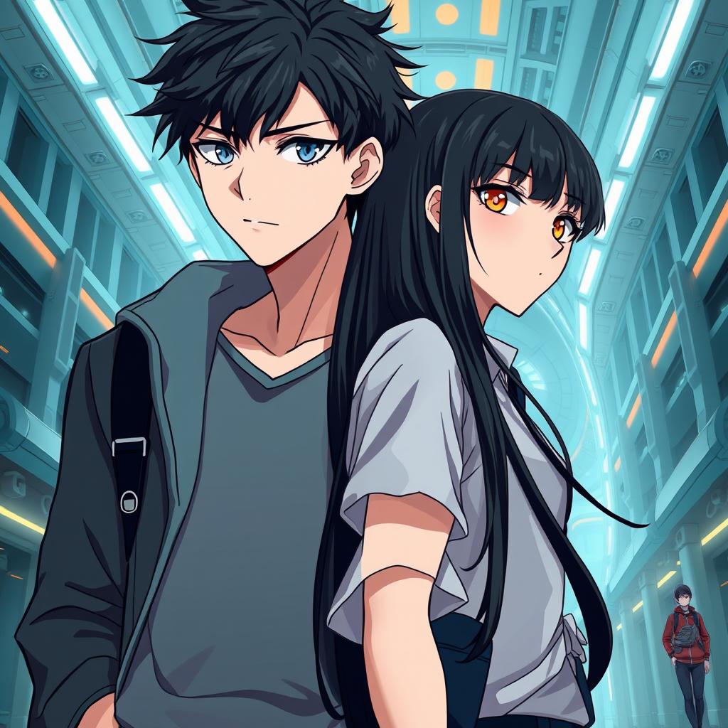 Create an anime highschool romance book cover featuring a boy with messy hair and a determined look, and a girl with long black hair, orange eyes, and a straight face