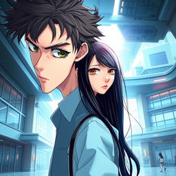 Create an anime highschool romance book cover featuring a boy with messy hair and a determined look, and a girl with long black hair, orange eyes, and a straight face