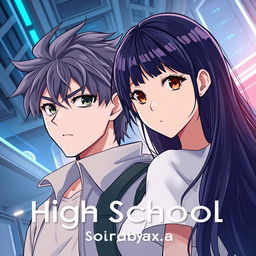 Create an anime highschool romance book cover featuring a boy with messy hair and a determined look, and a girl with long black hair, orange eyes, and a straight face