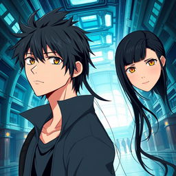 Create an anime highschool romance book cover featuring a boy with messy hair and a determined look, and a girl with long black hair, orange eyes, and a straight face