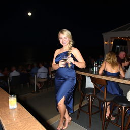 A curvy blond woman with hair in a sexy plait is standing at a bar overlooking the beach at Lyme Regis