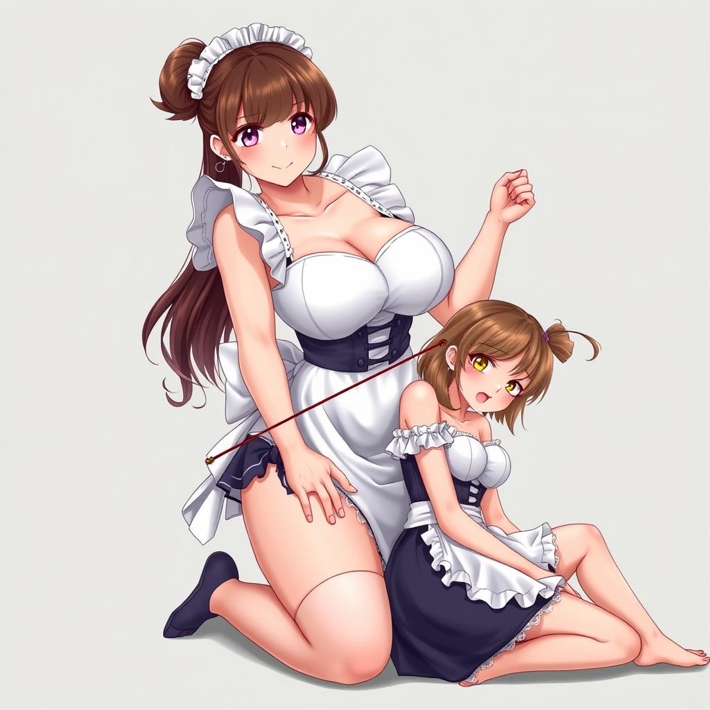 A sexy, cute, and flustered maid girl with a voluptuous figure and large breasts